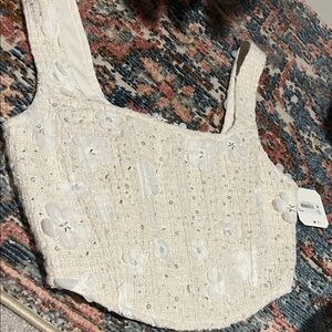 Altar'd State White Tweed Floral Appliqué Crop Top